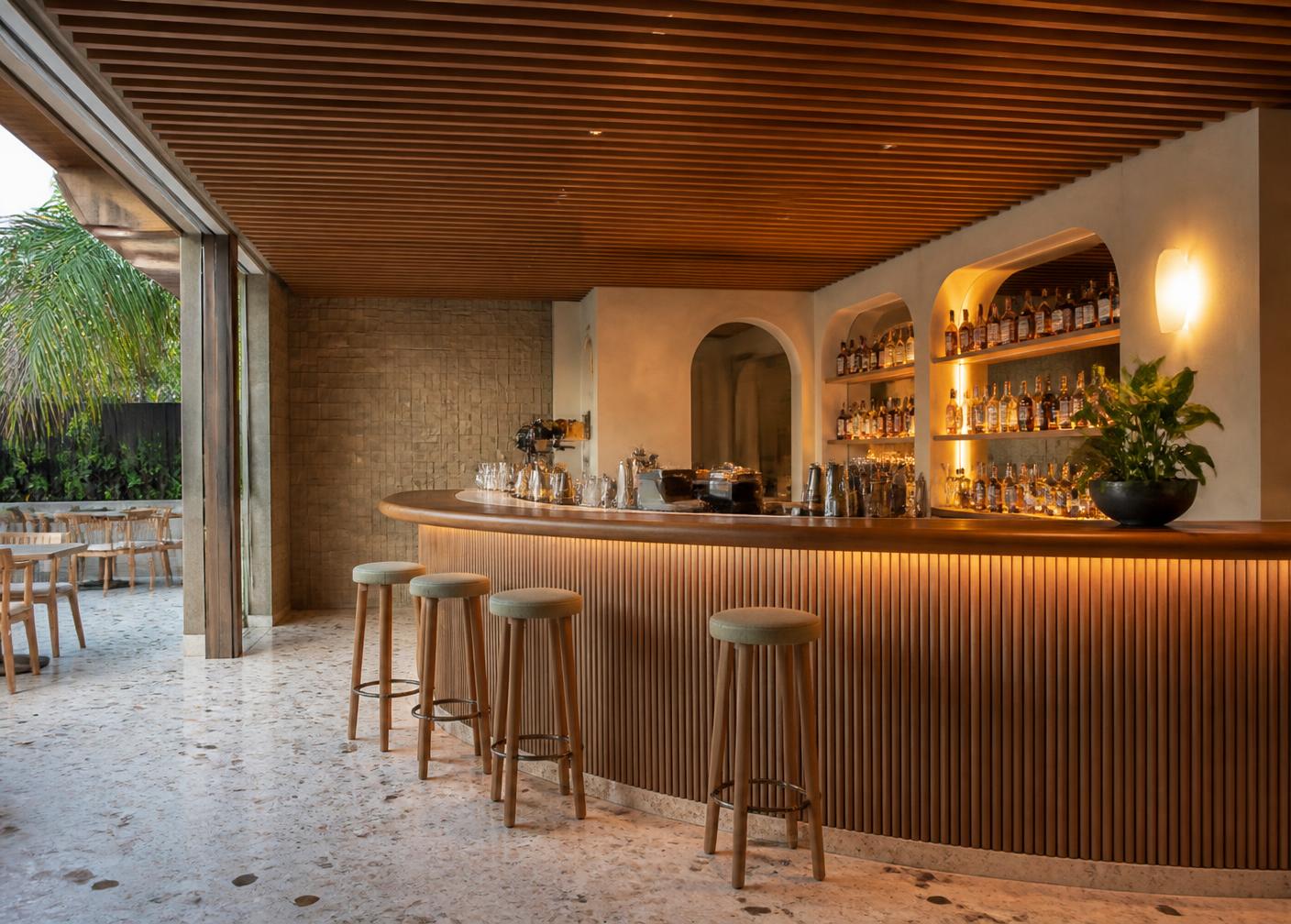 Finished restaurant interior with timber slat ceiling and custom bar counter