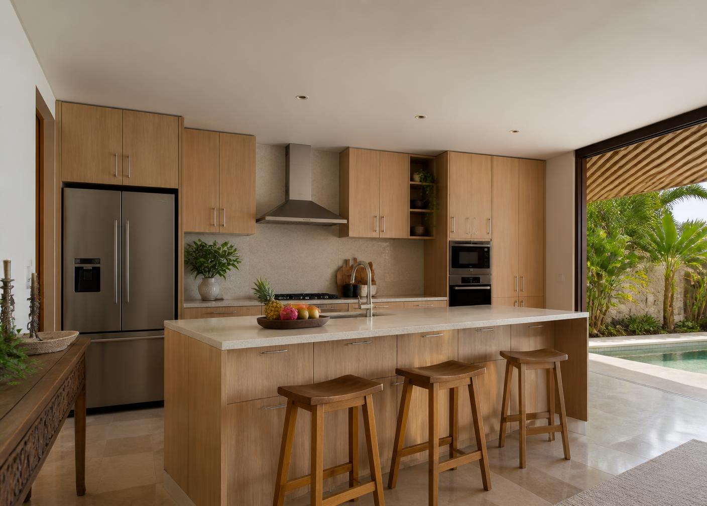 Finished custom oak kitchen with island and stone worktop in a tropical villa