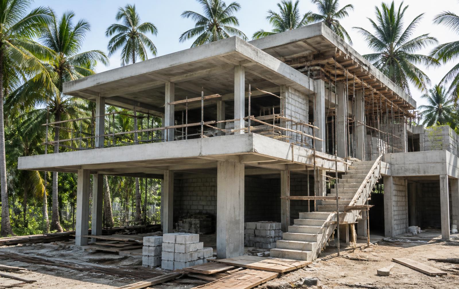 Reinforced concrete villa structure under construction among palm trees