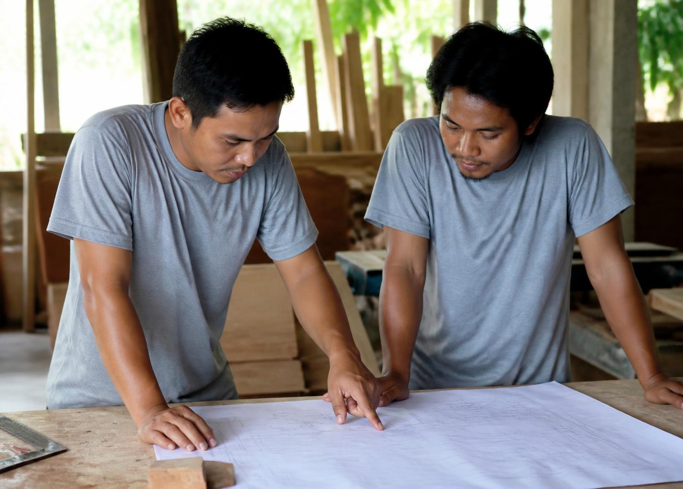 Two workshop team members reviewing a technical drawing