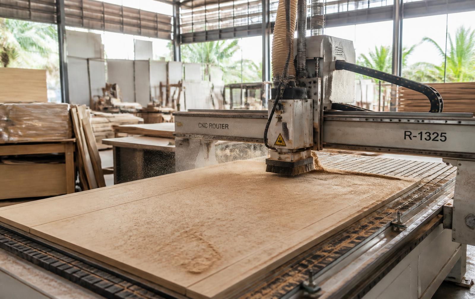 CNC router cutting a panel in the Vision workshop in Koh Samui